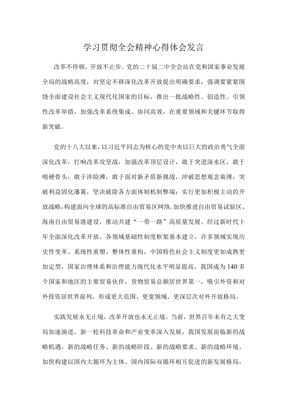 学习贯彻全会精神心得体会发言.docx_第1页