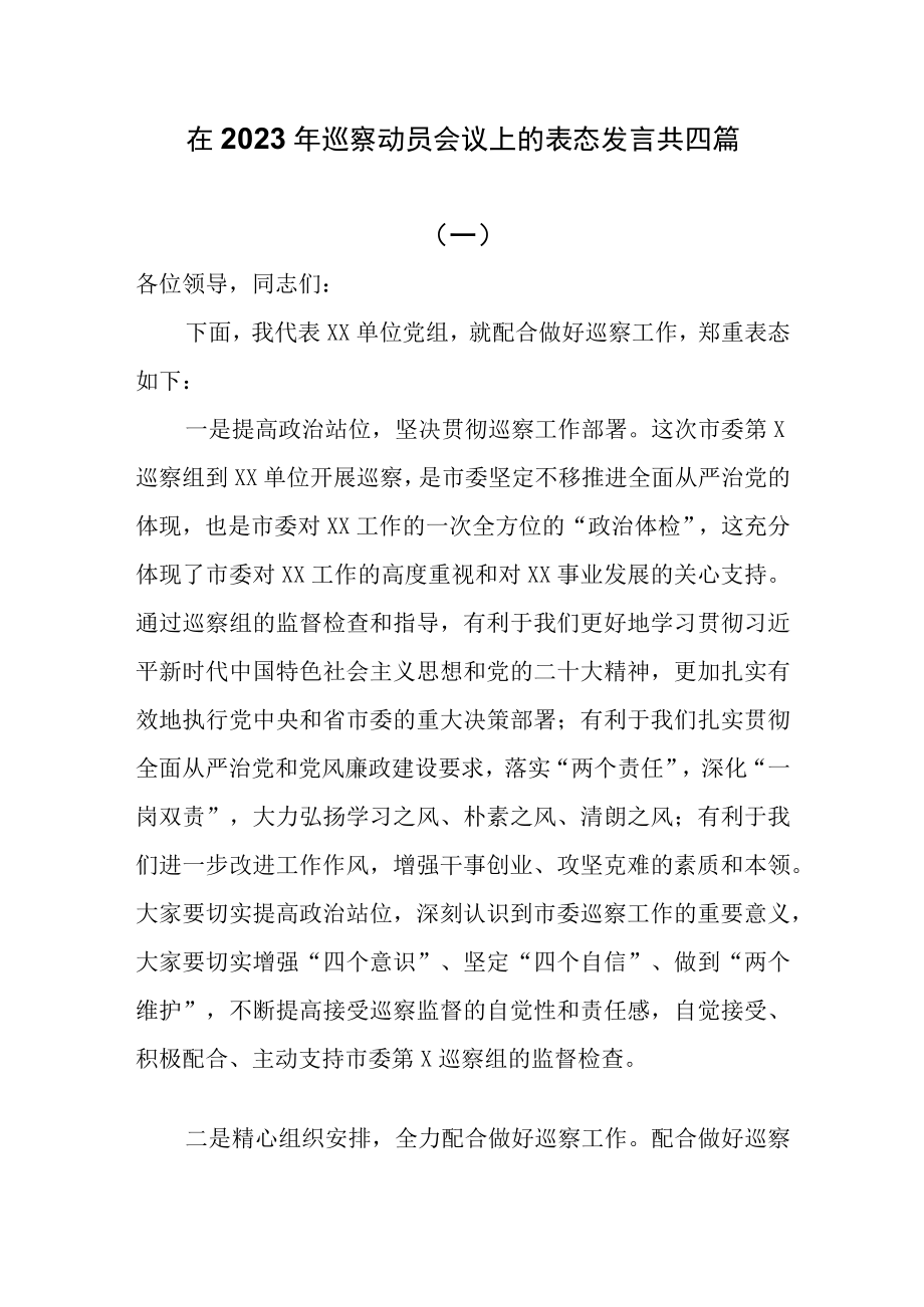 在2023年巡察动员会议上的表态发言共四篇.docx_第1页