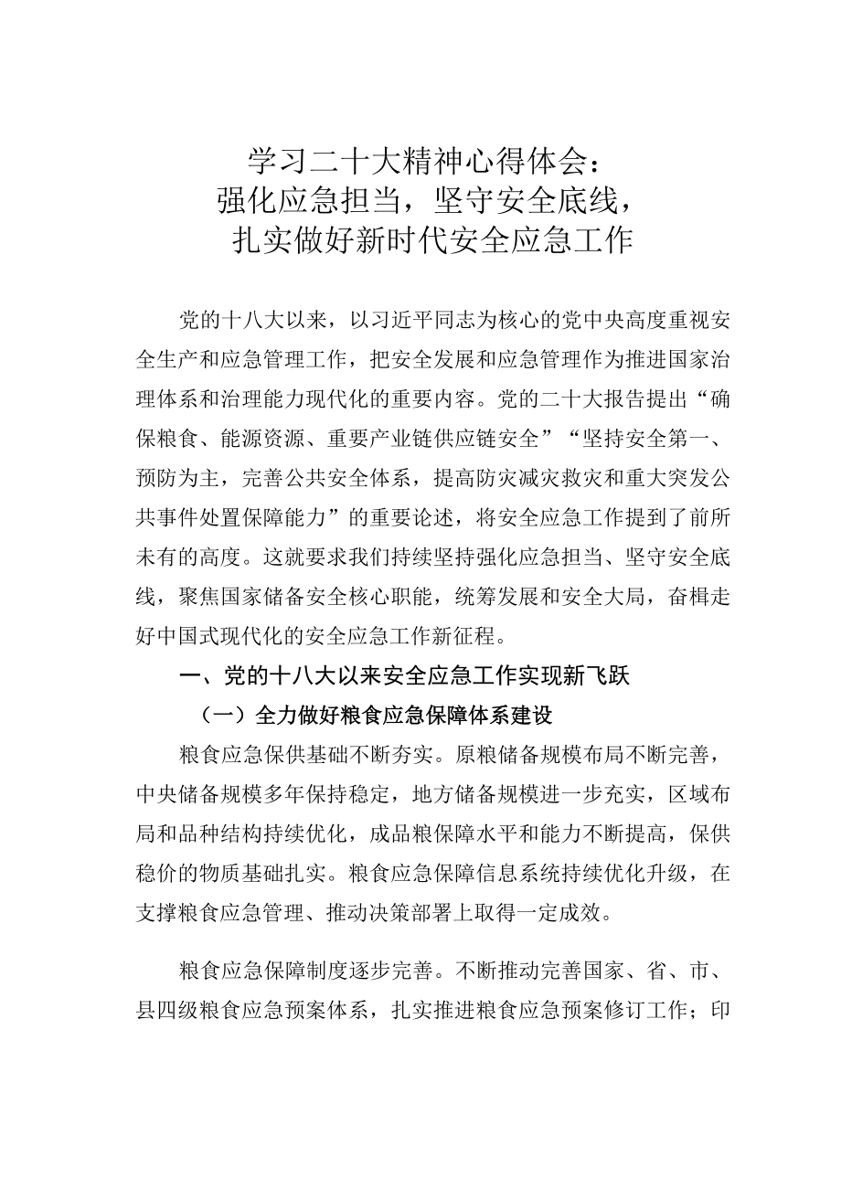 学习二十大精神心得体会：强化应急担当坚守安全底线扎实做好新时代安全应急工作.docx_第1页