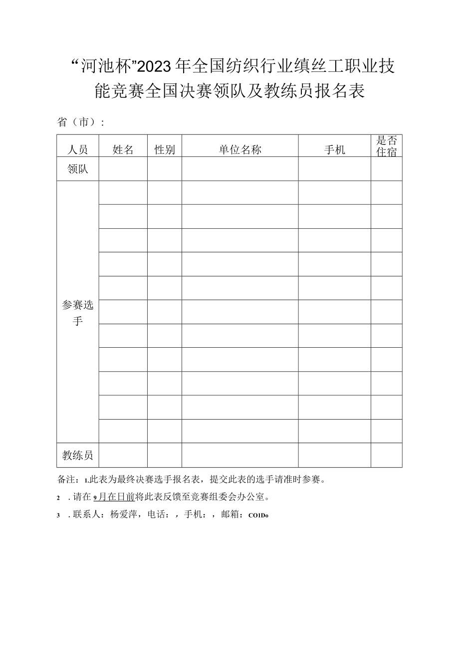 河池杯2023年全国纺织行业缫丝工职业技能竞赛全国决赛领队及教练员报名表.docx_第1页