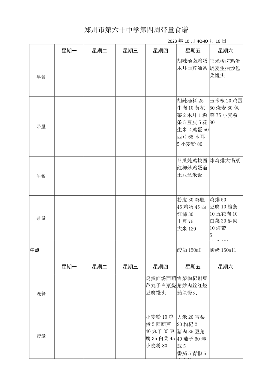 郑州市第六十中学第四周带量食谱2023年10月4日10月10日.docx_第1页