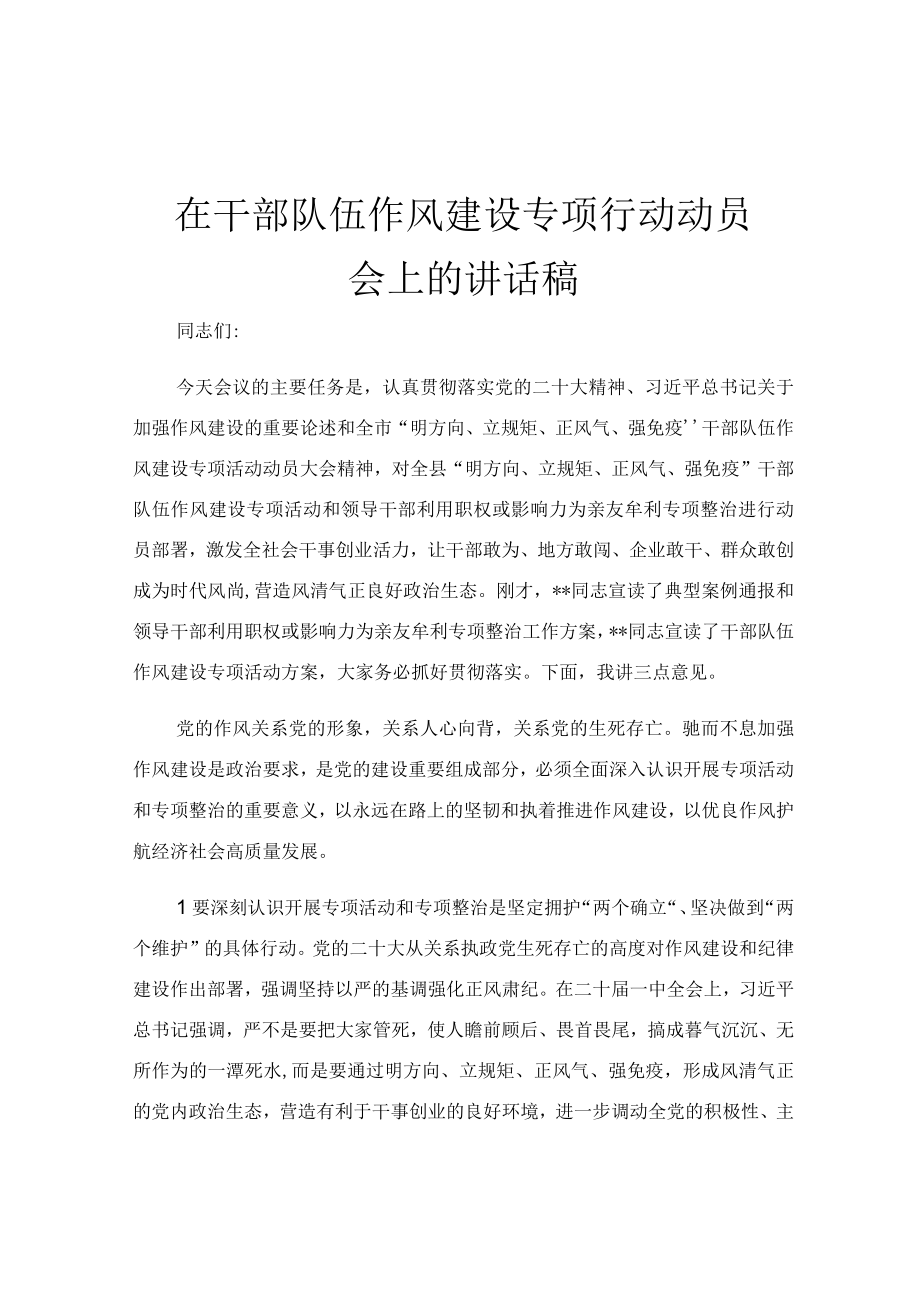 在干部队伍作风建设专项行动动员会上的讲话稿.docx_第1页