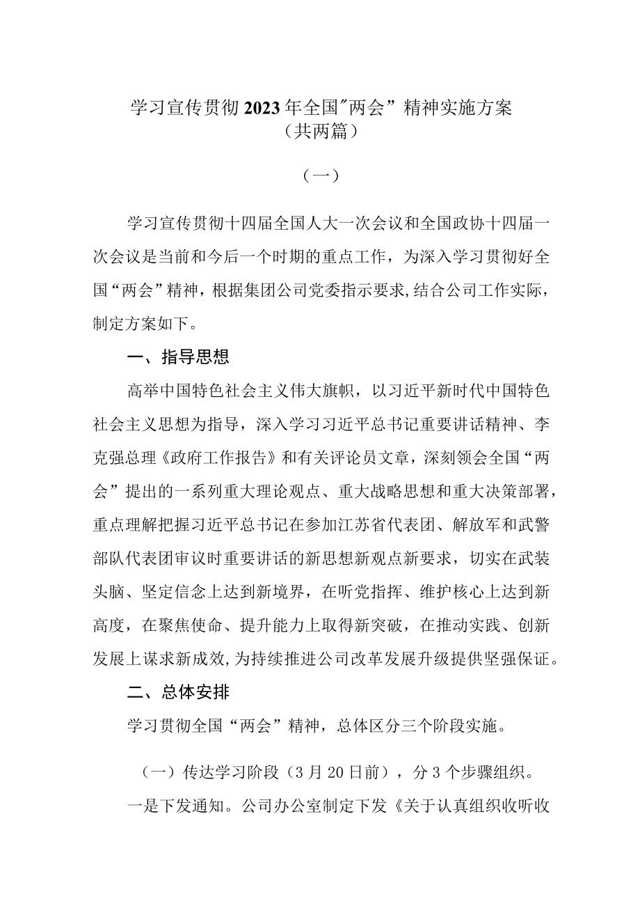 学习宣传贯彻2023年全国两会精神实施方案两篇.docx_第1页