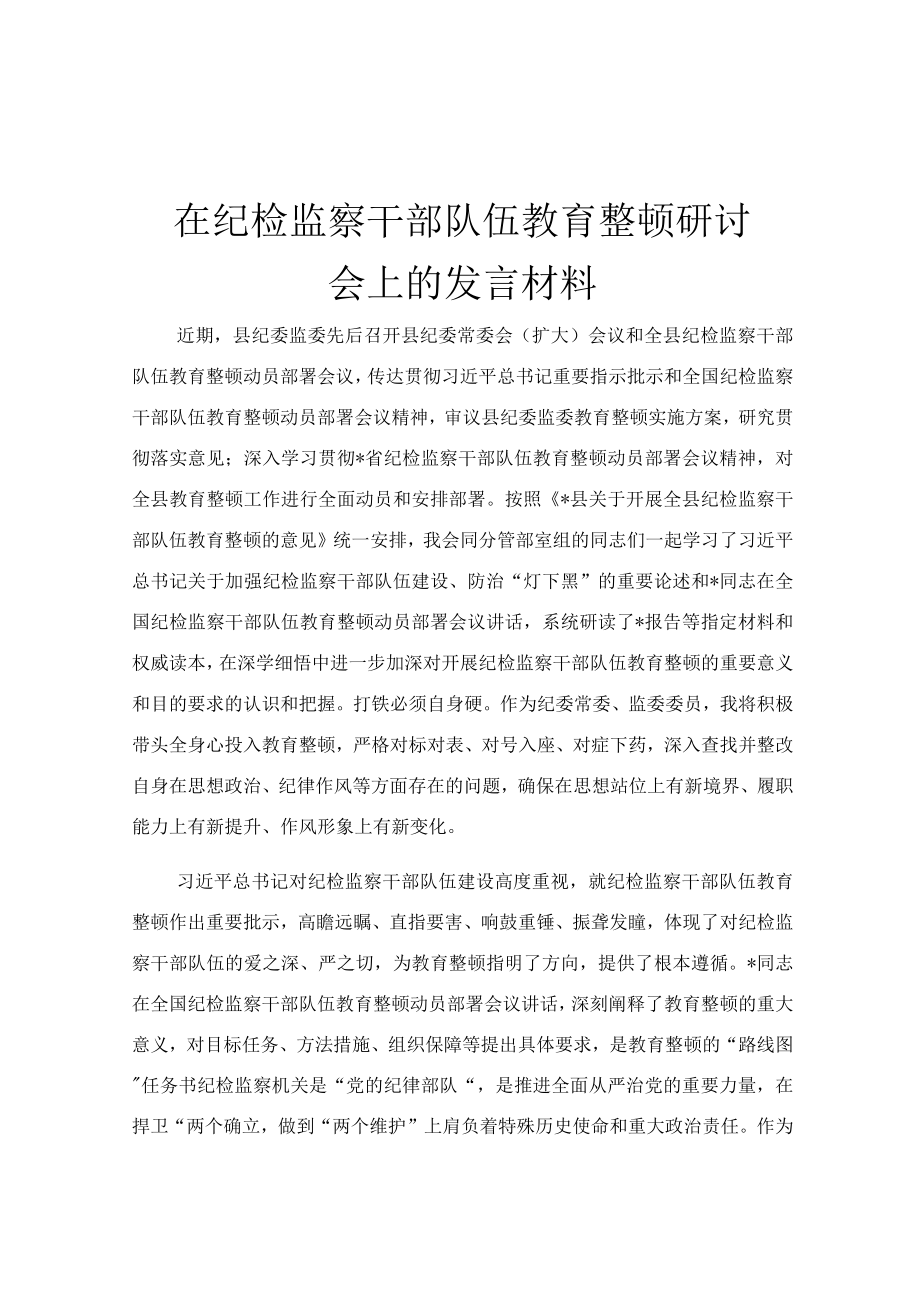 在纪检监察干部队伍教育整顿研讨会上的发言材料.docx_第1页