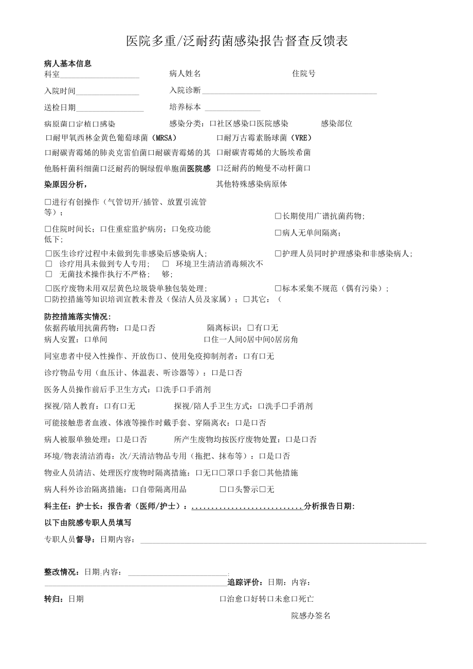 医院多重泛耐药菌感染报告督查反馈表.docx_第1页