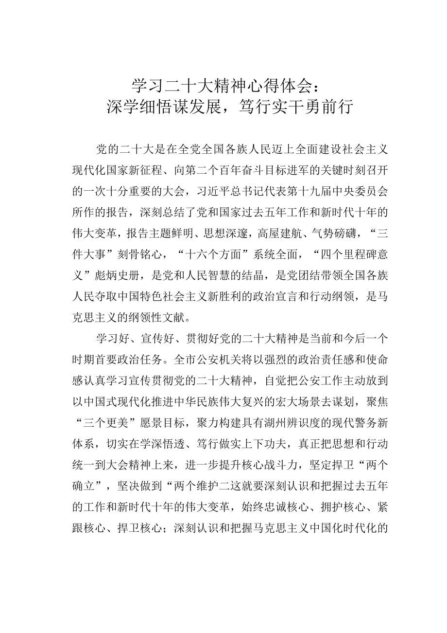 学习二十大精神心得体会：深学细悟谋发展笃行实干勇前行.docx_第1页