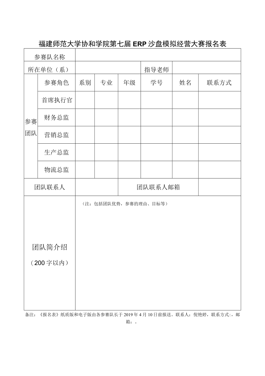 福建师范大学协和学院第七届ERP沙盘模拟经营大赛报名表.docx_第1页