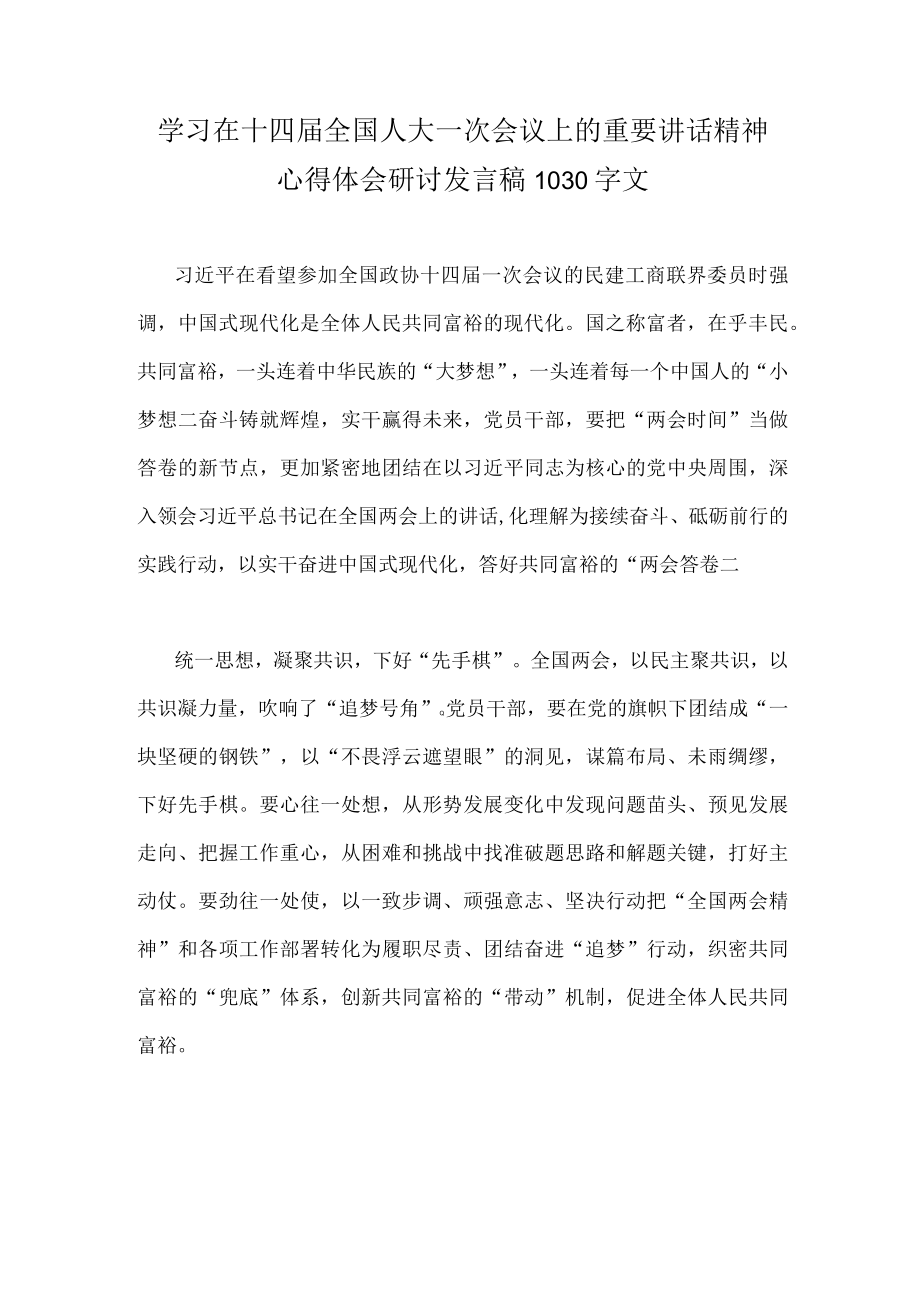 学习在十四届全国人大一次会议上的重要讲话精神心得体会研讨发言稿1030字文.docx_第1页