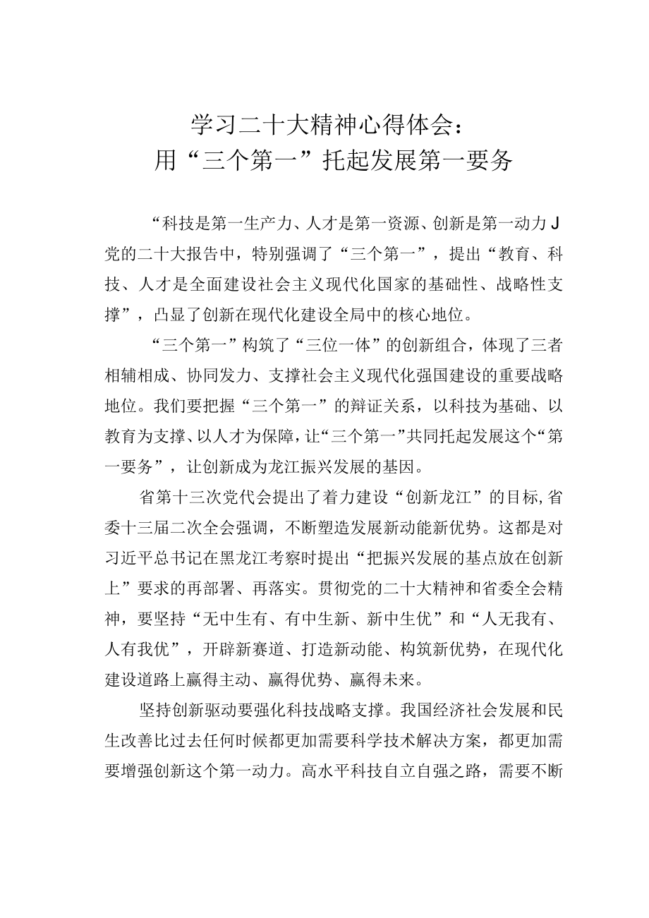 学习二十大精神心得体会：用三个第一托起发展第一要务.docx_第1页