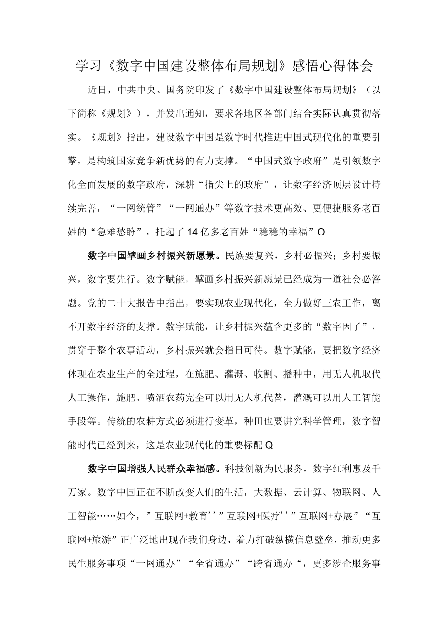 学习数字中国建设整体布局规划感悟心得体会.docx_第1页