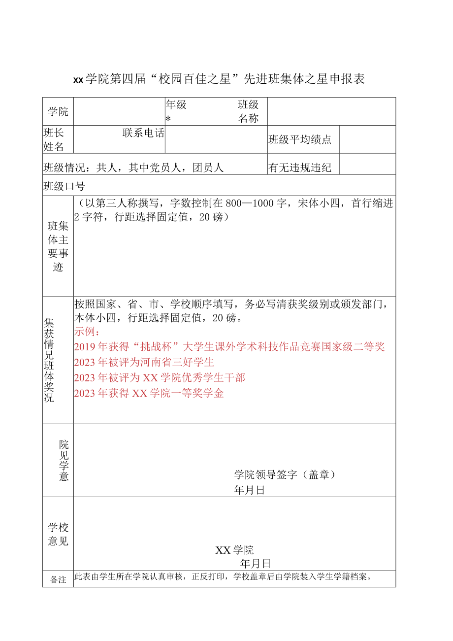 学院第四届校园百佳之星先进班集体之星申报表.docx_第1页