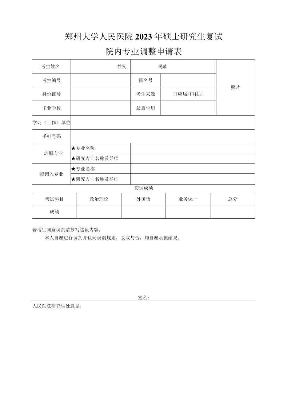 郑州大学人民医院2023年硕士研究生复试院内专业调整申请表.docx_第1页