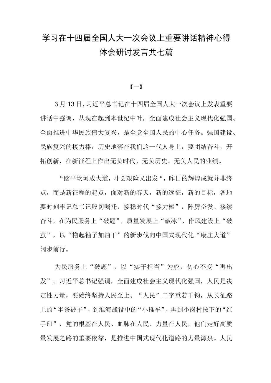 学习在十四届全国人大一次会议上重要讲话精神心得体会研讨发言共七篇.docx_第1页