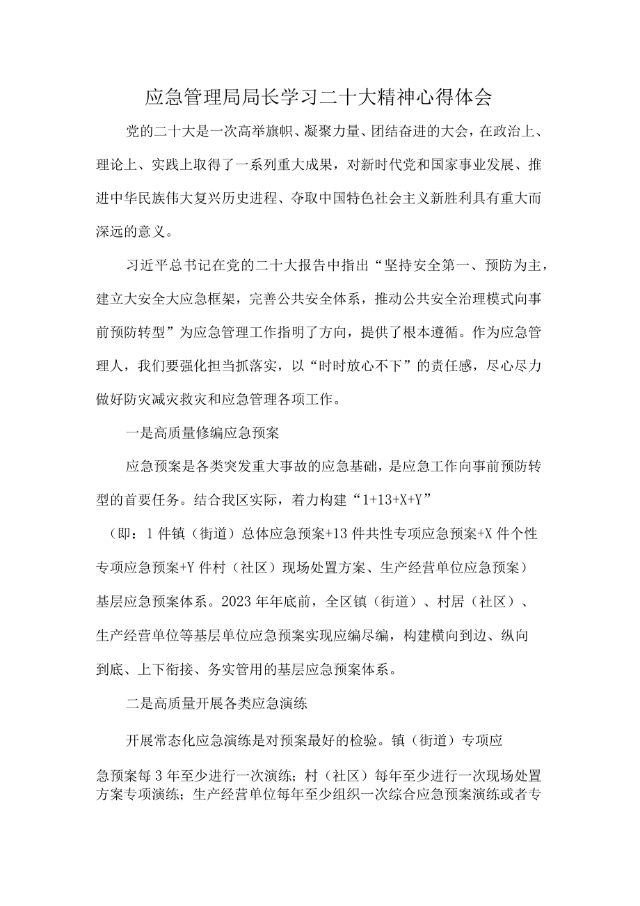 应急管理局局长学习二十大精神心得体会.docx_第1页