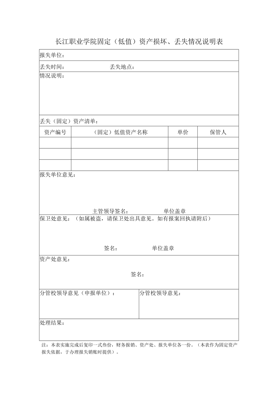 长江职业学院固定低值资产损坏丢失情况说明表.docx_第1页