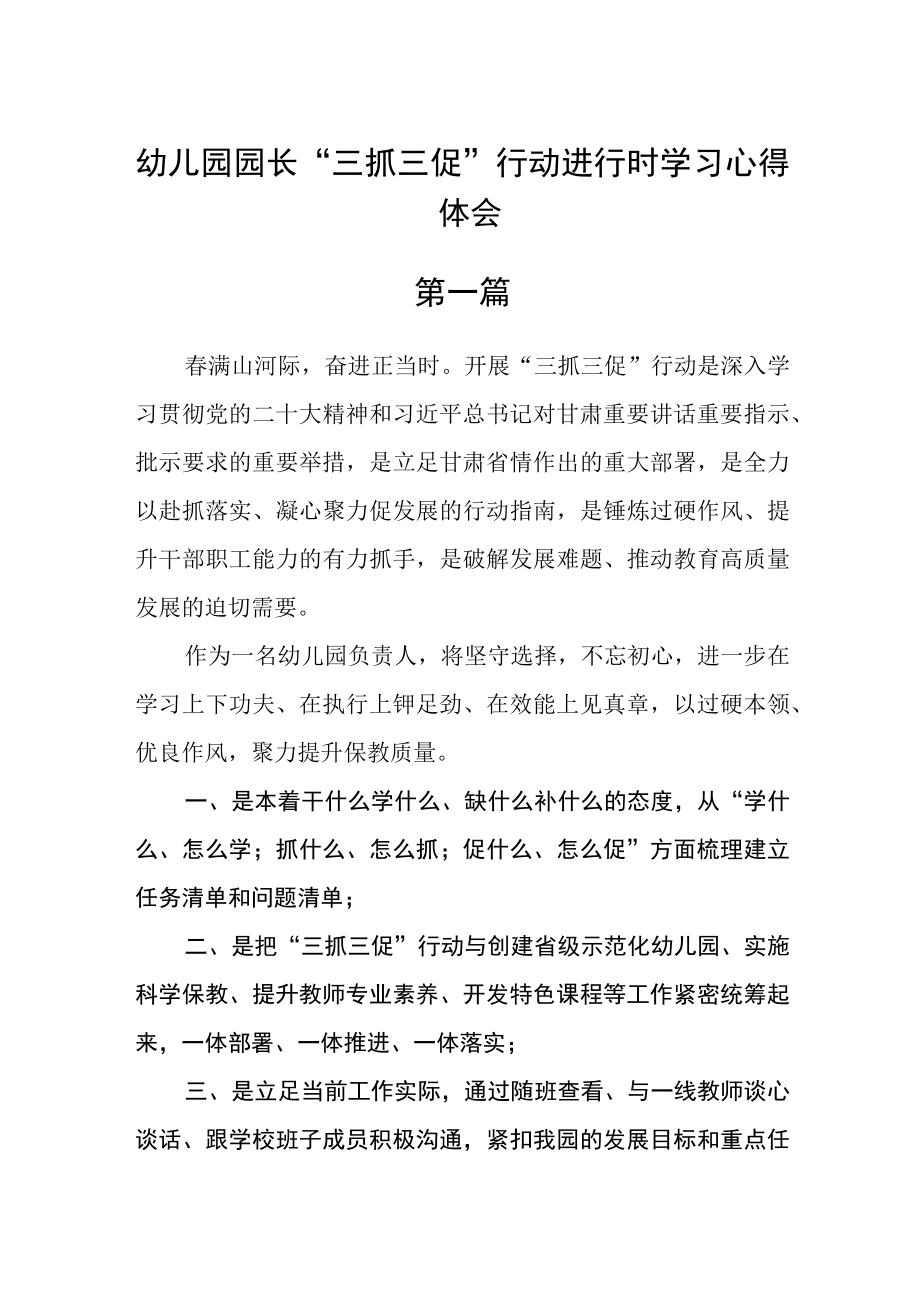 幼儿园园长三抓三促行动进行时学习心得体会五篇.docx_第1页