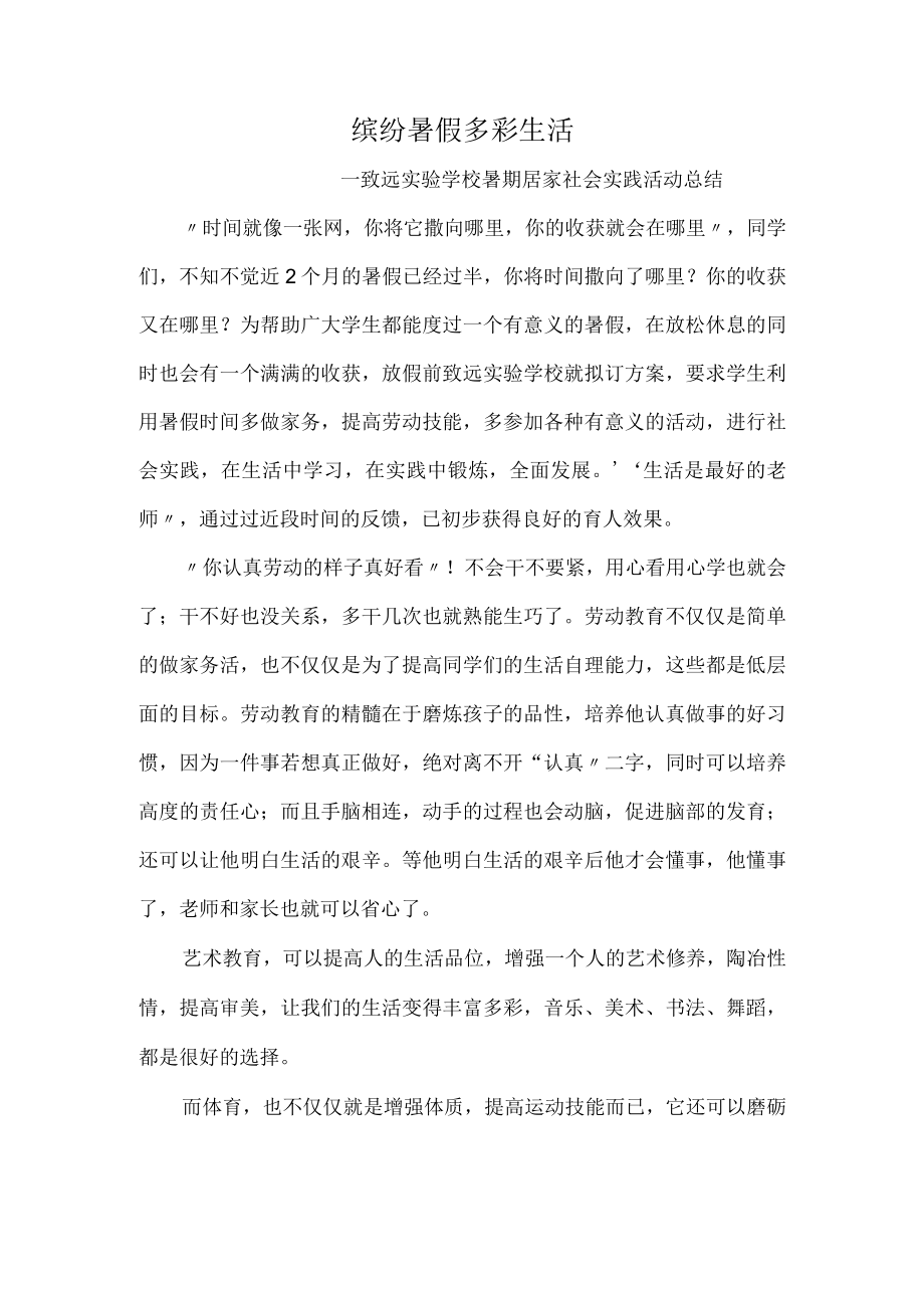 缤纷暑假多彩生活致远实验学校暑期居家社会实践活动总结.docx_第1页