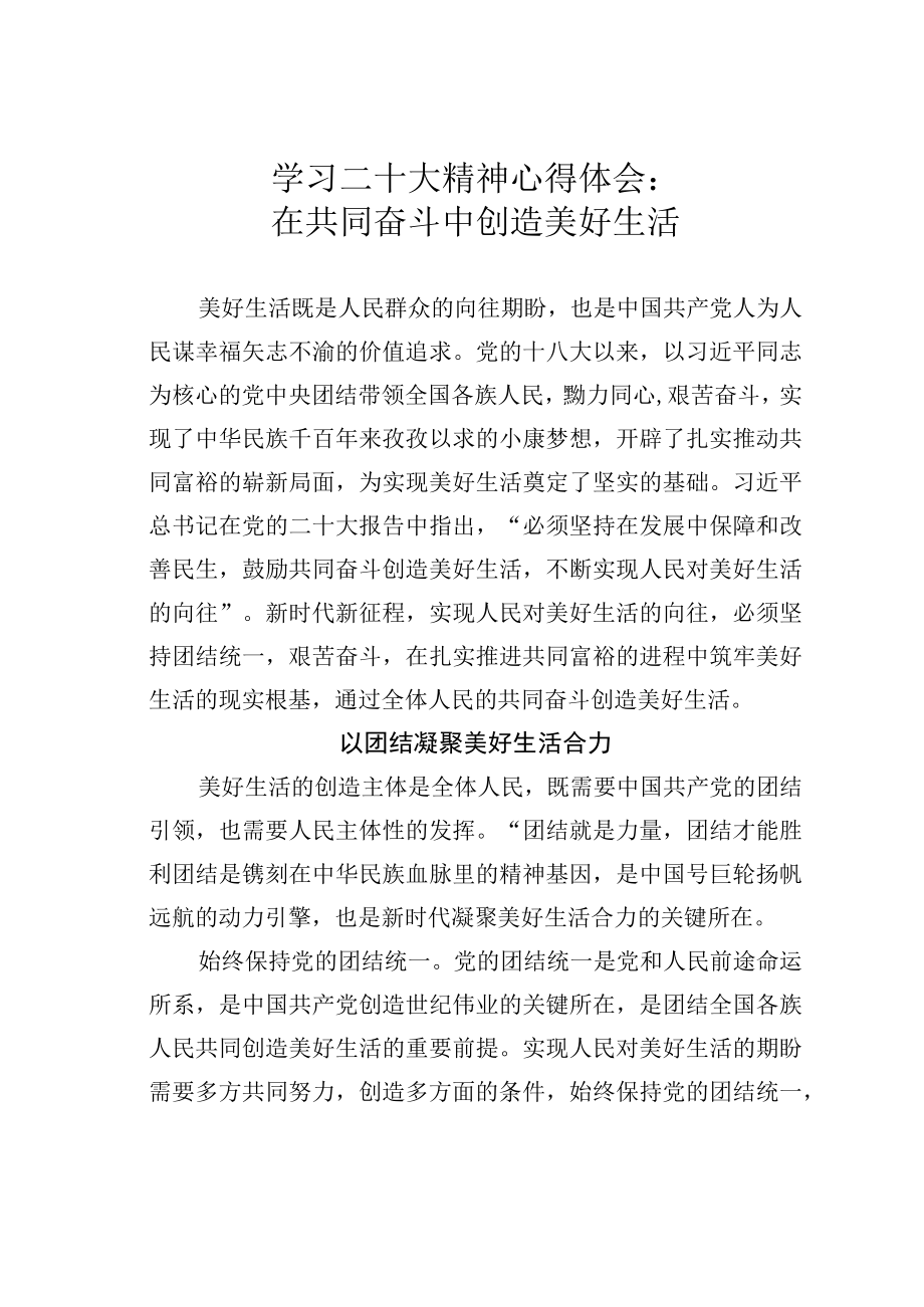 学习二十大精神心得体会：在共同奋斗中创造美好生活.docx_第1页