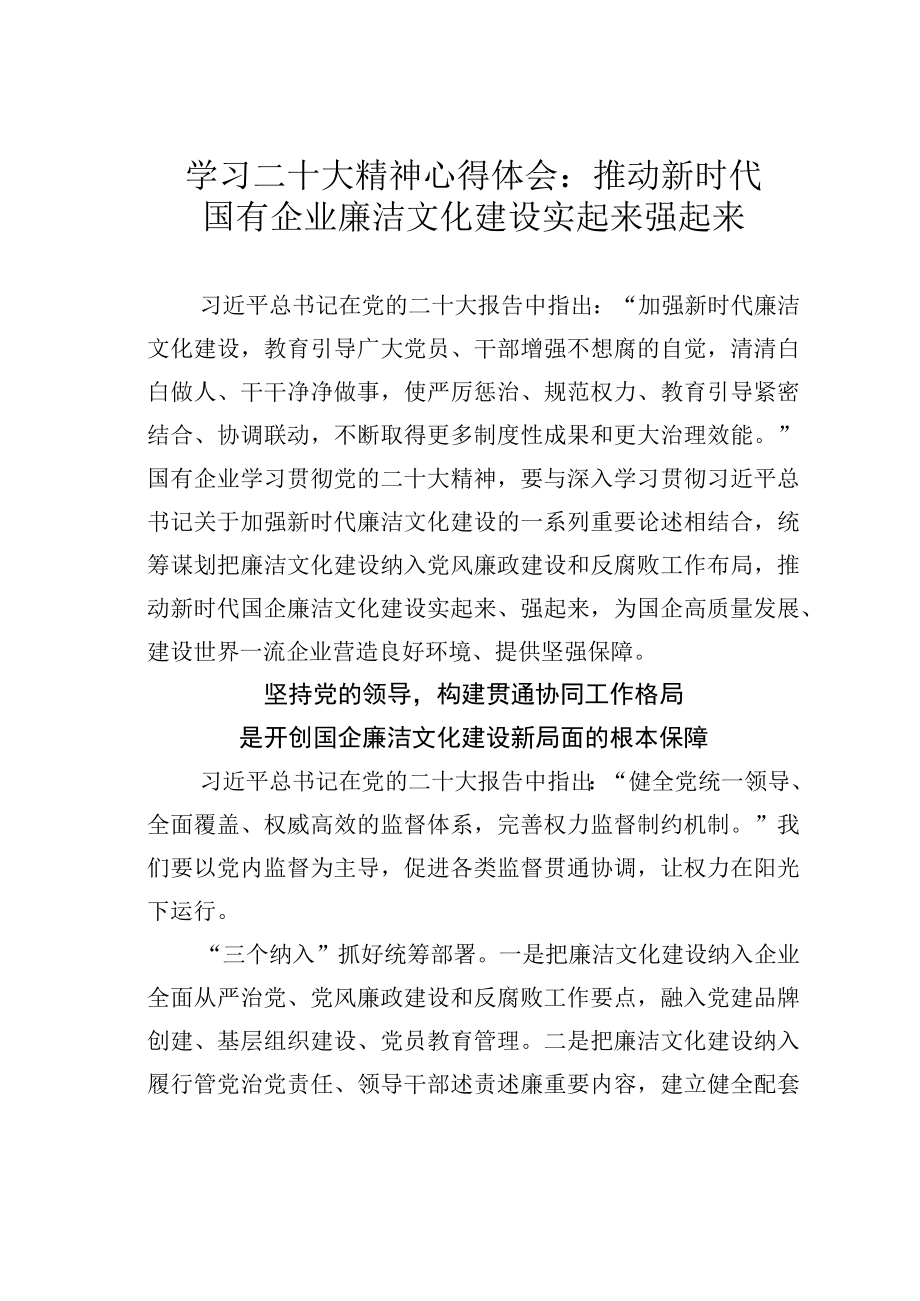 学习二十大精神心得体会：推动新时代国有企业廉洁文化建设实起来强起来.docx_第1页