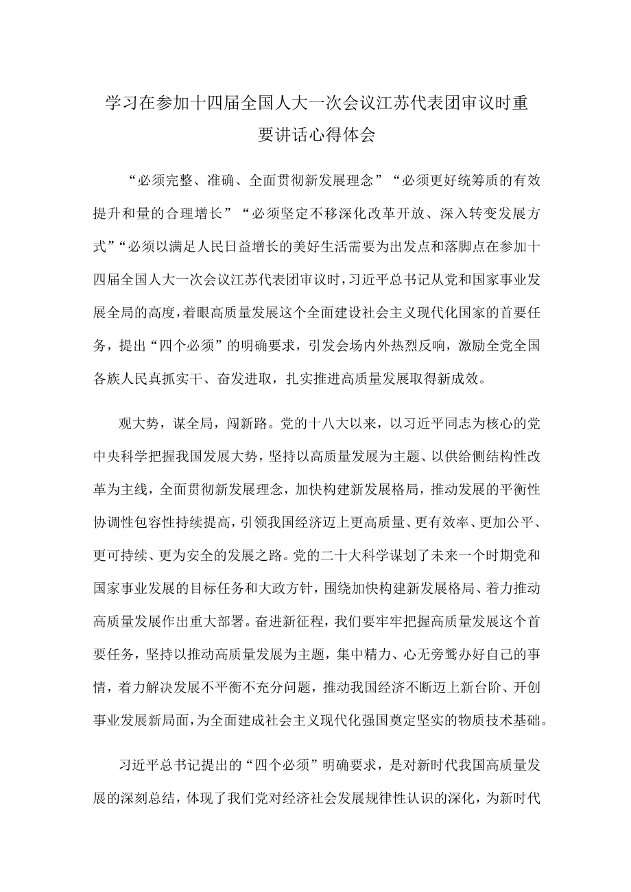 学习在参加十四届全国人大一次会议江苏代表团审议时重要讲话心得体会.docx_第1页