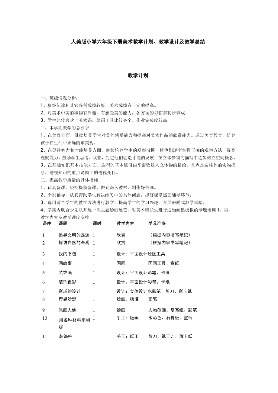 人美版小学六年级下册美术教学计划教学设计及教学总结.docx_第1页