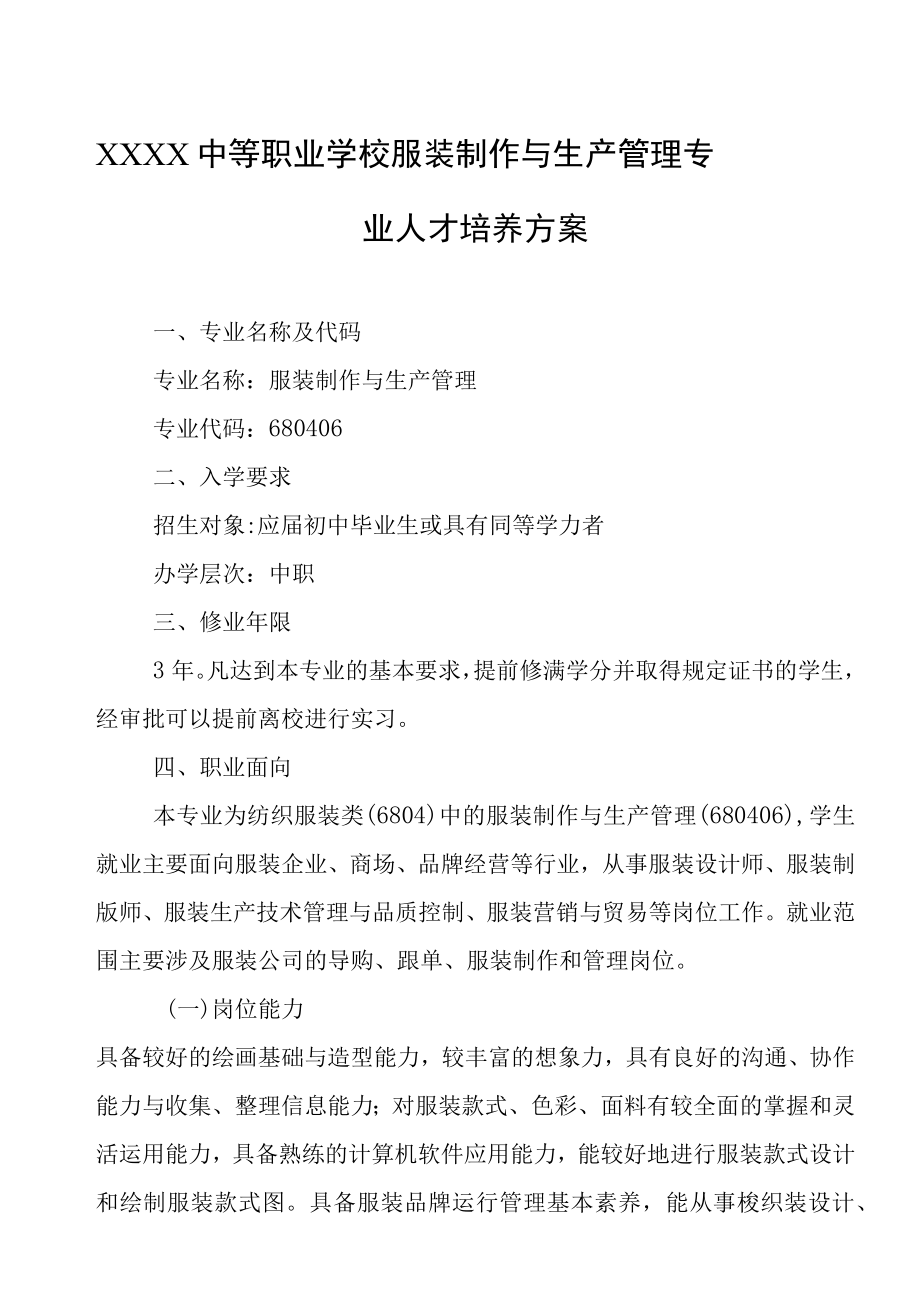 中等职业学校服装制作与生产管理专业人才培养方案.docx_第1页