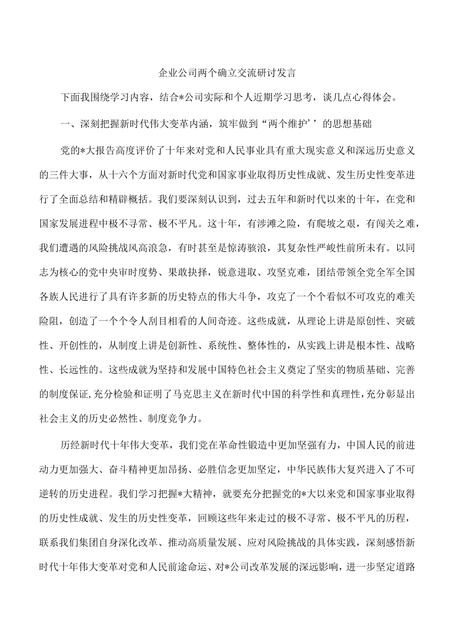 企业公司两个确立交流研讨发言.docx_第1页