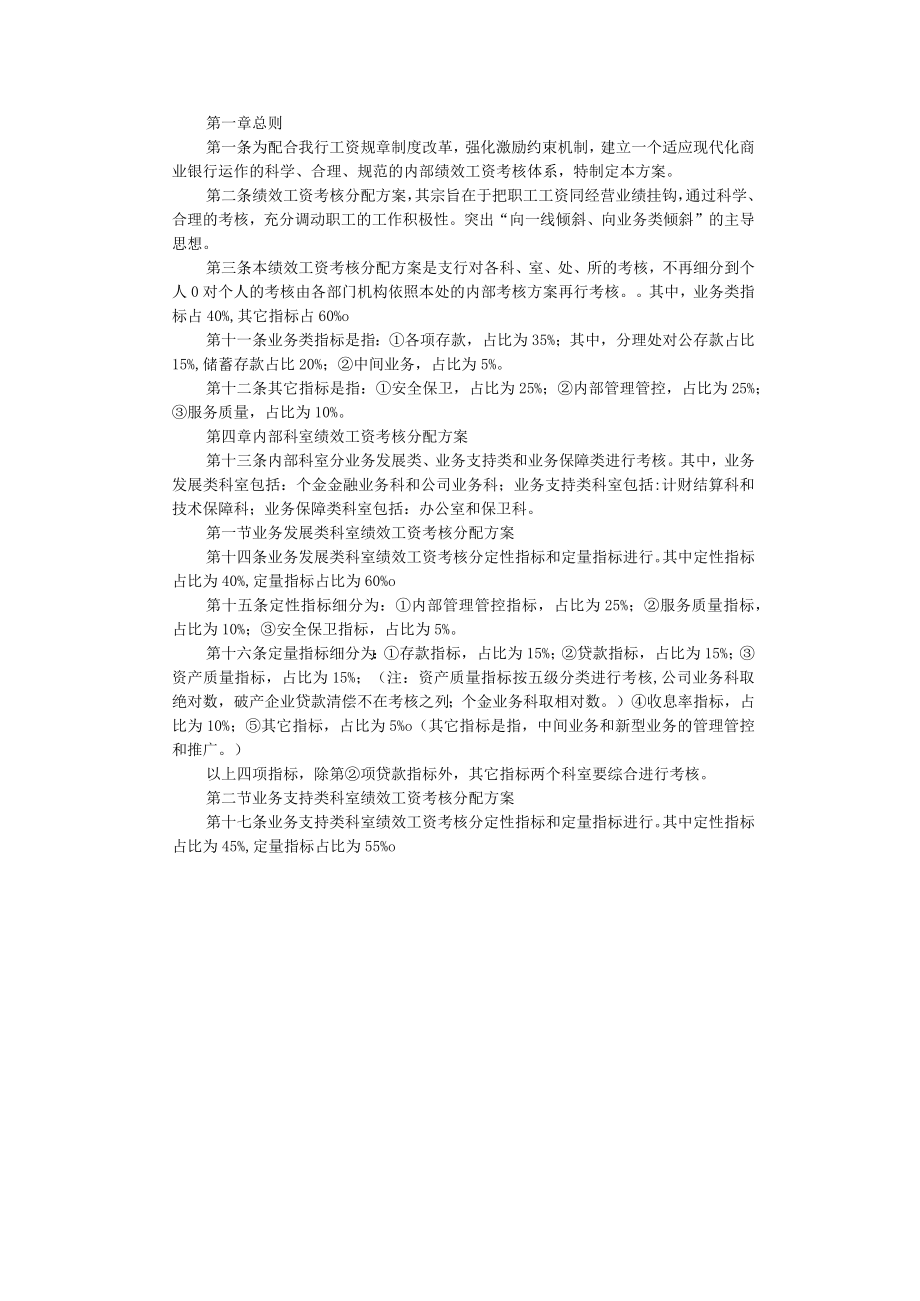 企业管理资料范本银行支行绩效工资考核分配方案.docx_第1页