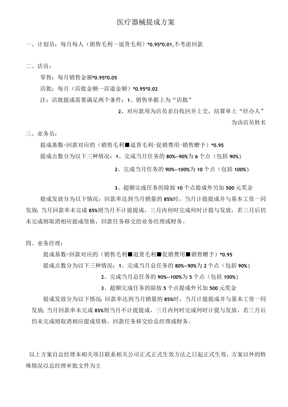 企业管理资料范本医疗器械提成方案.docx_第1页