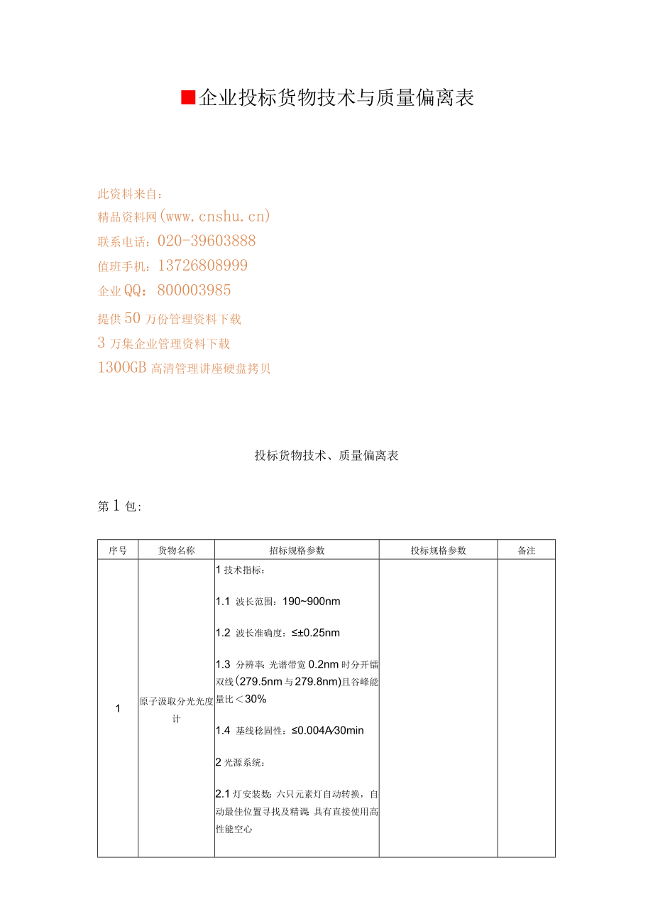 企业投标货物技术与质量偏离表.docx_第1页