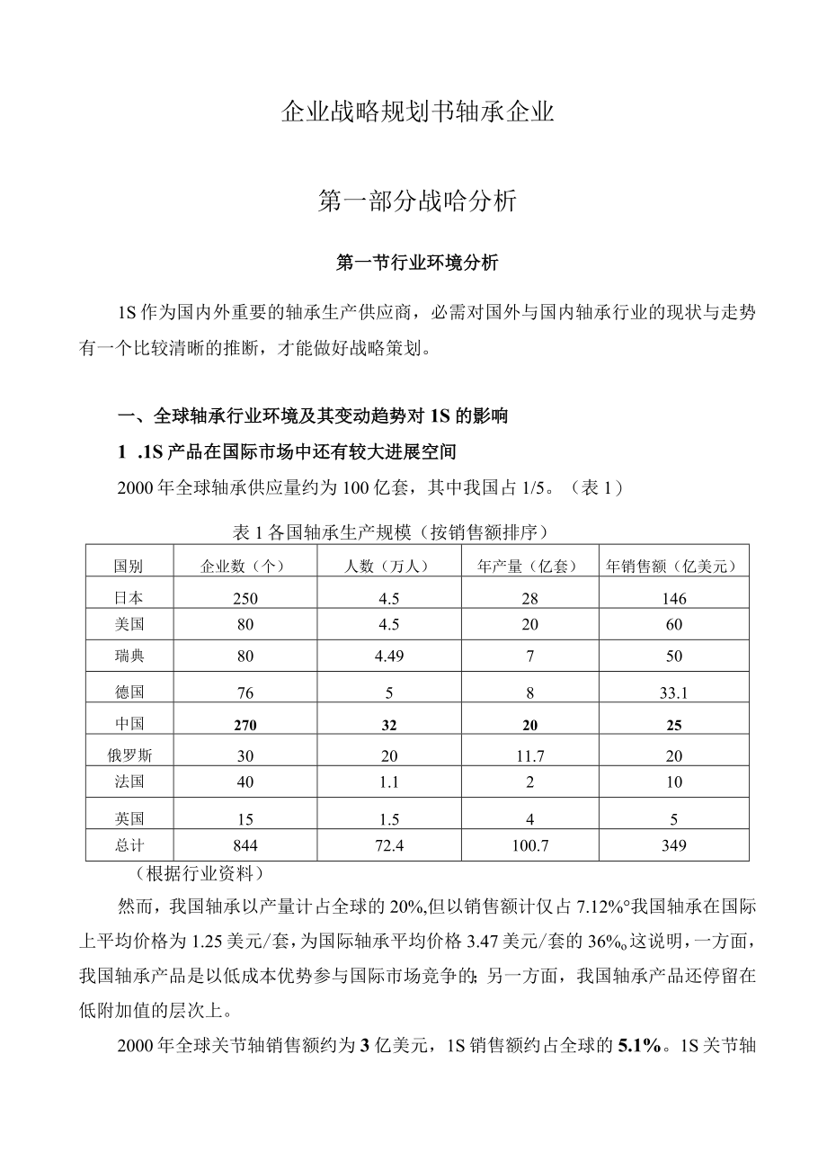 企业战略规划书轴承企业.docx_第1页