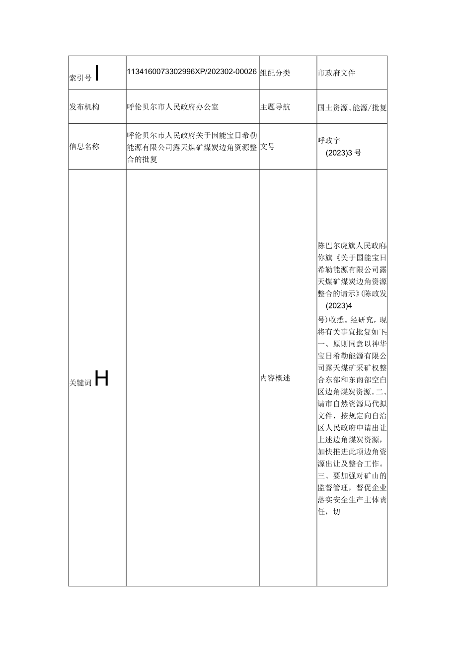 关于国能宝日希勒能源有限公司露天煤矿煤炭边角资源整合的批复.docx_第1页