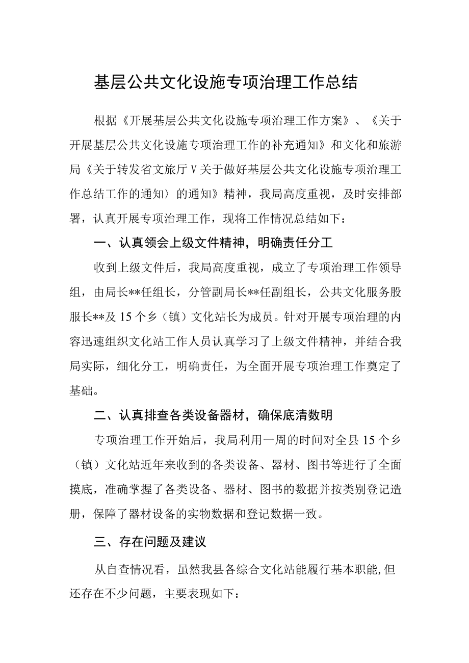 基层公共文化设施专项治理工作总结.docx_第1页