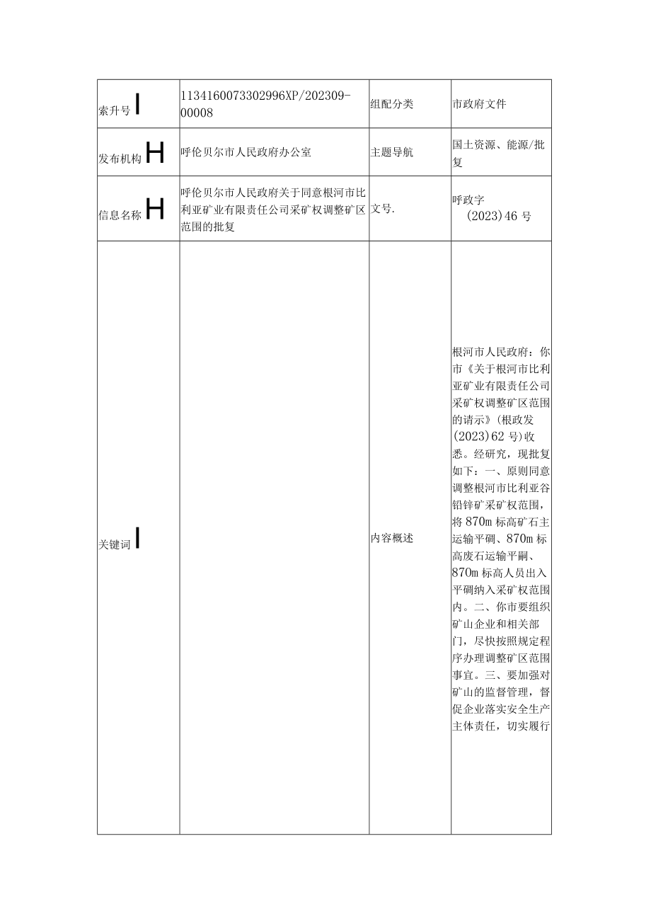 关于同意根河市比利亚矿业有限责任公司采矿权调整矿区范围的批复.docx_第1页