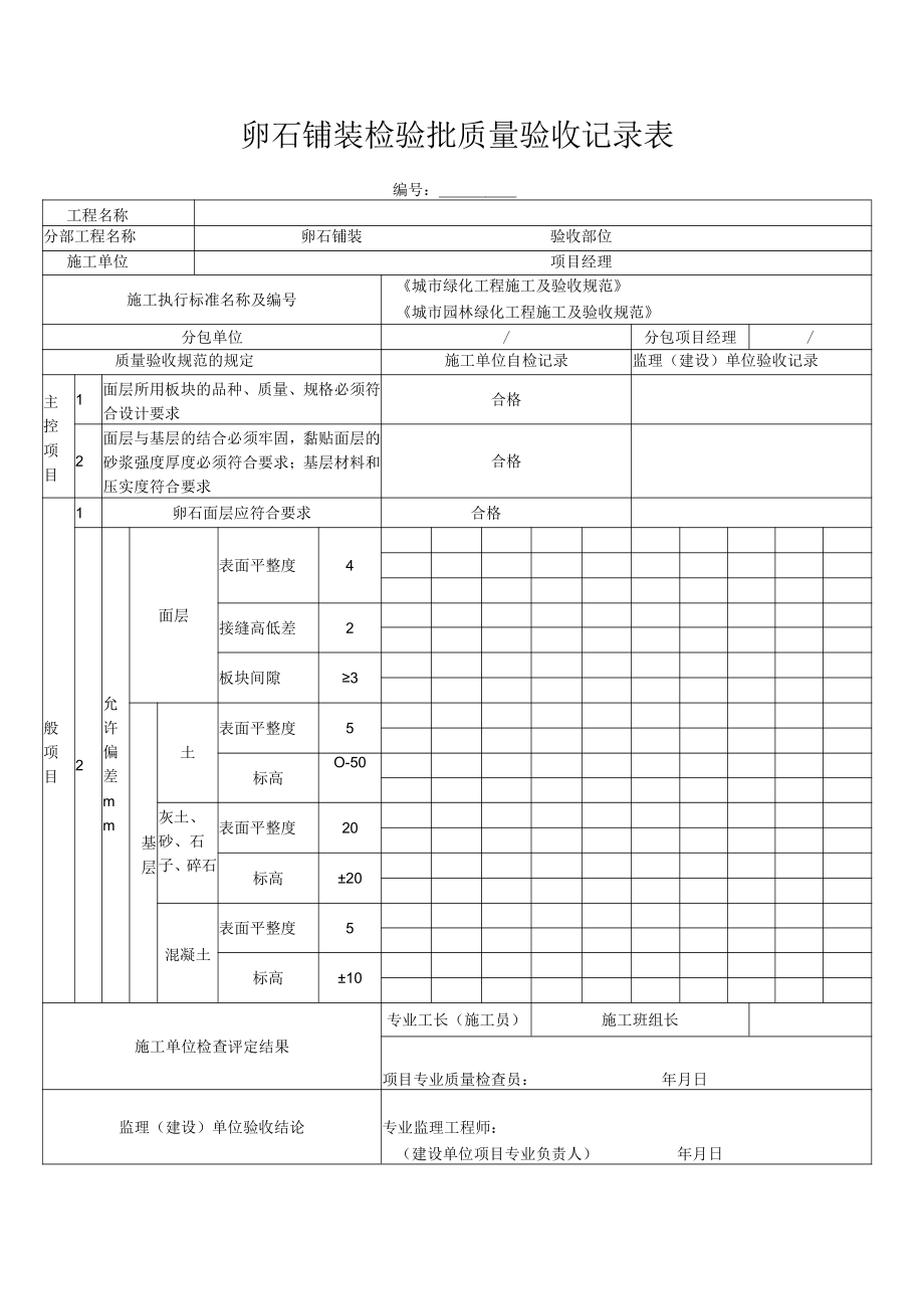 卵石铺装检验批质量验收记录表.docx_第1页