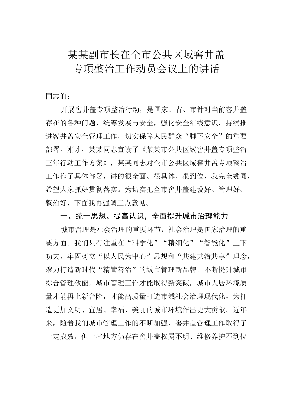 某某副市长在全市公共区域窨井盖专项整治工作动员会议上的讲话.docx_第1页