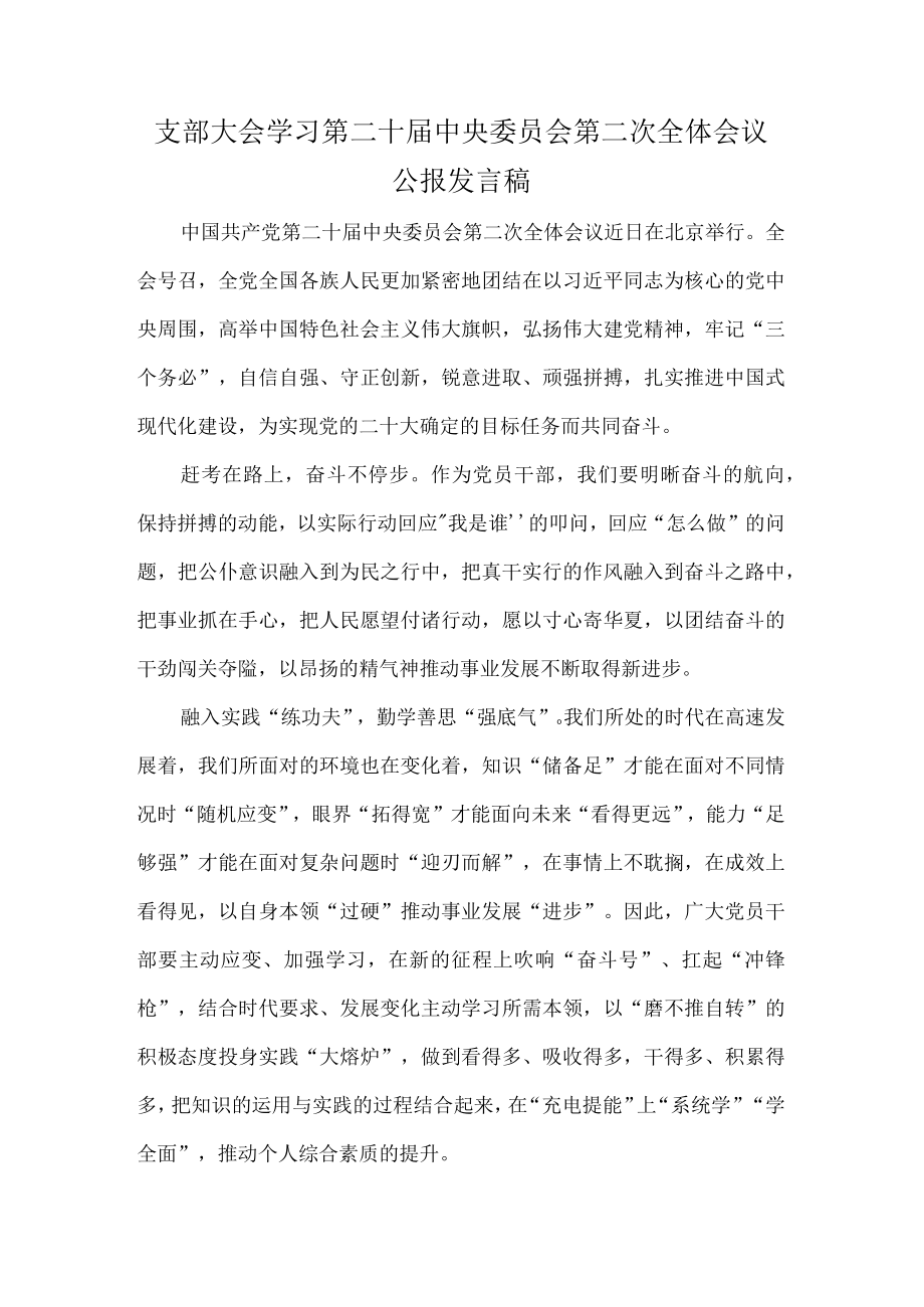 支部大会学习第二十届中央委员会第二次全体会议公报发言稿.docx_第1页