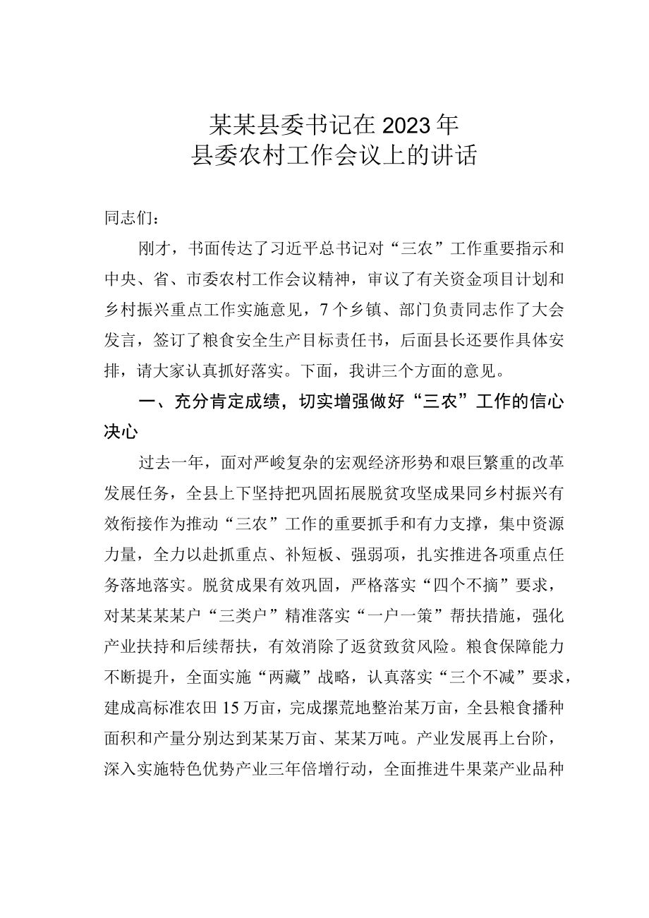 某某县委书记在2023年县委农村工作会议上的讲话.docx_第1页