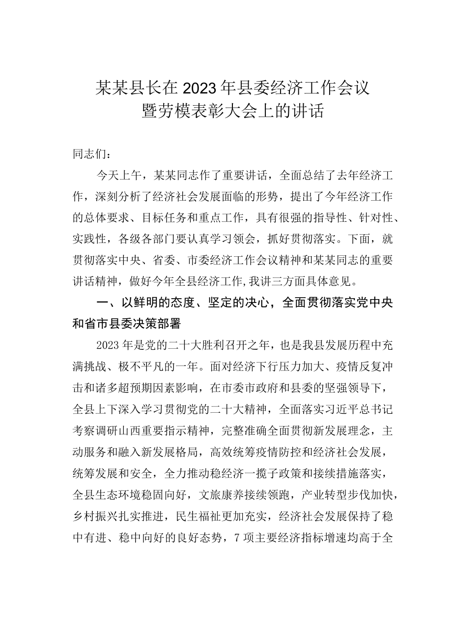 某某县长在2023年县委经济工作会议暨劳模表彰大会上的讲话.docx_第1页