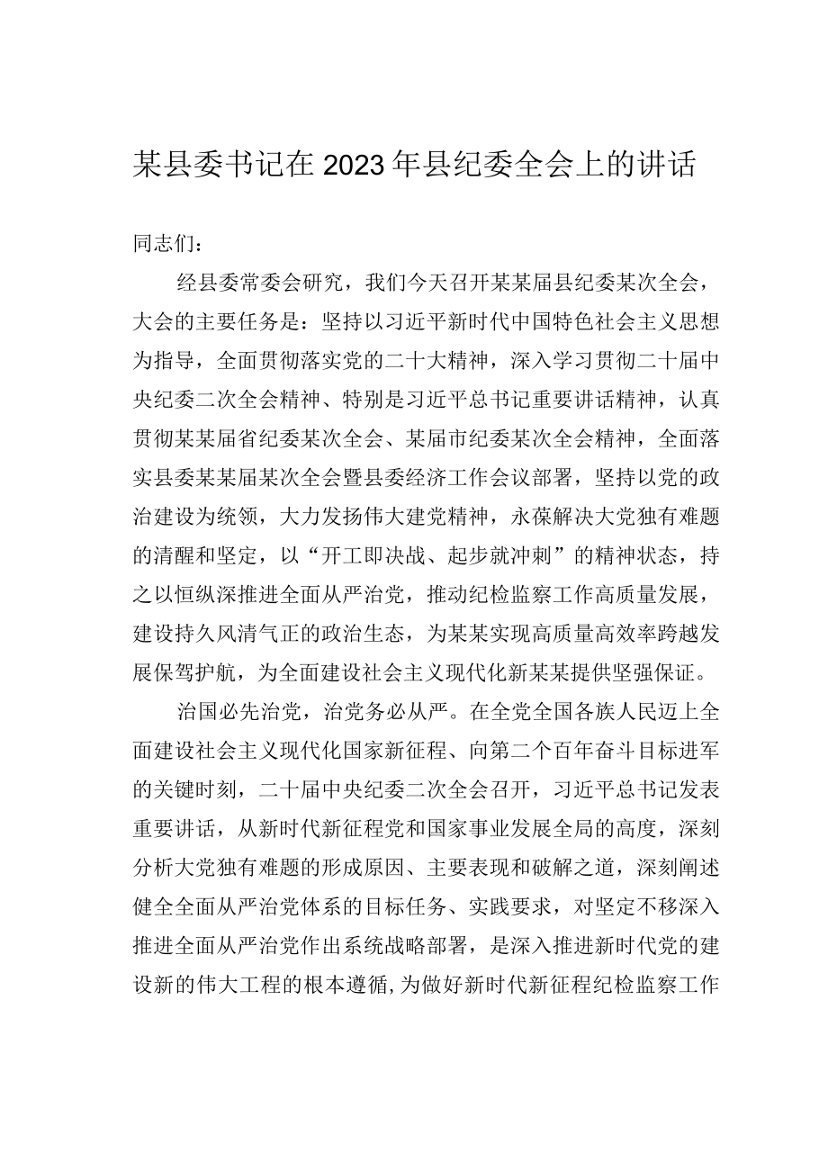 某县委书记在2023年县纪委全会上的讲话.docx_第1页