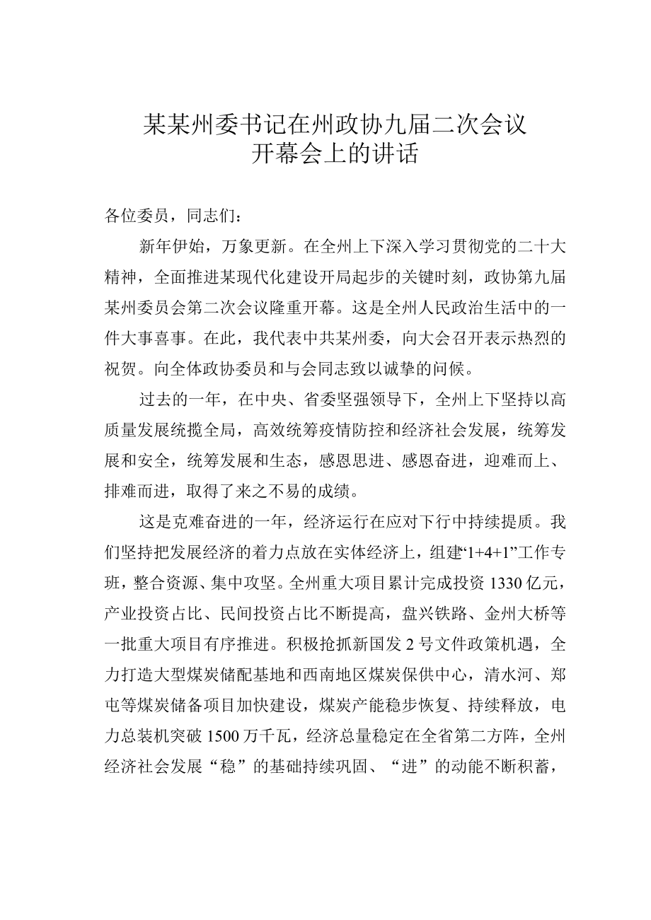 某某州委书记在州政协九届二次会议开幕会上的讲话.docx_第1页