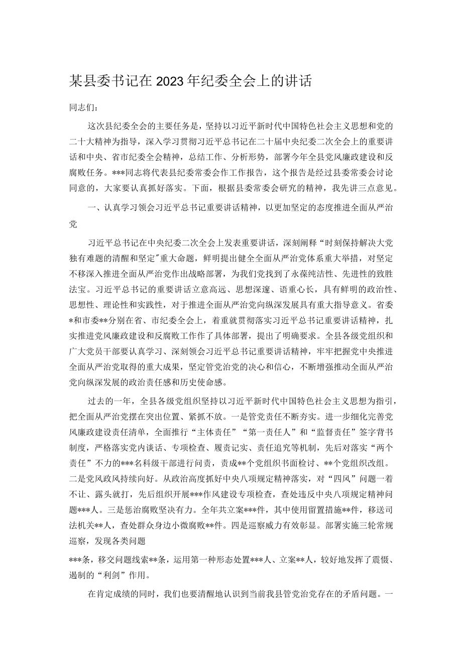 某县委书记在2023年纪委全会上的讲话.docx_第1页