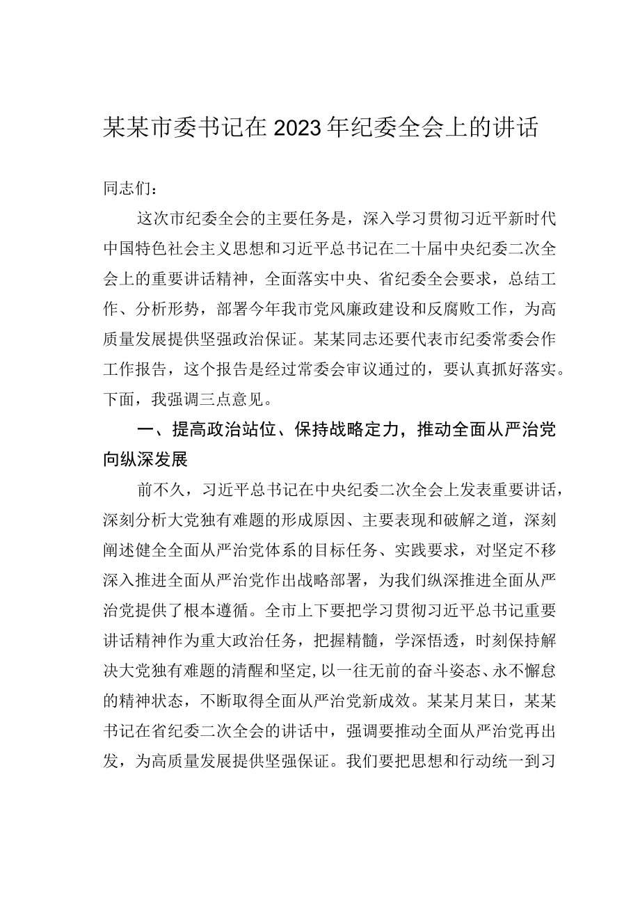 某某市委书记在2023年纪委全会上的讲话.docx_第1页