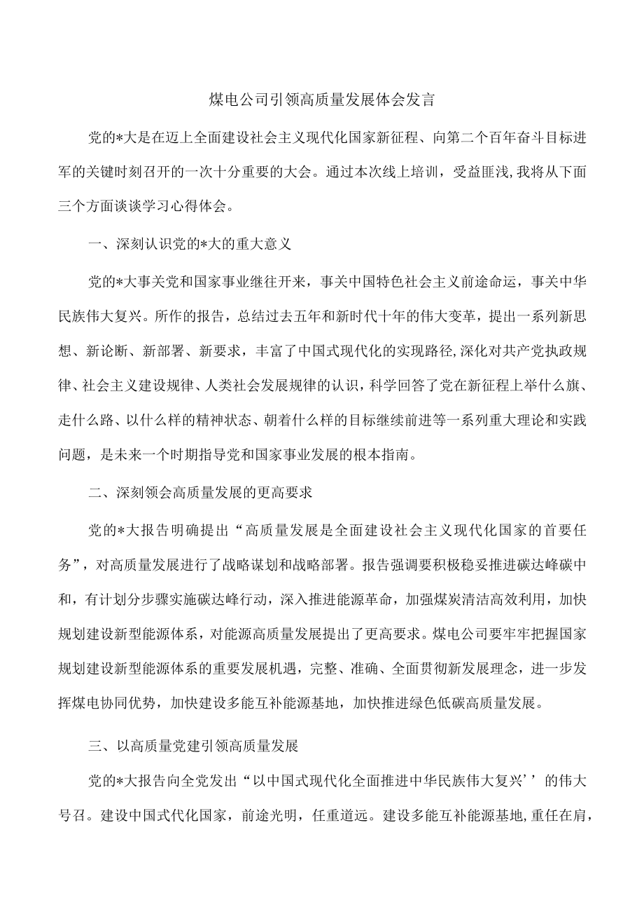 煤电公司引领高质量发展体会发言.docx_第1页