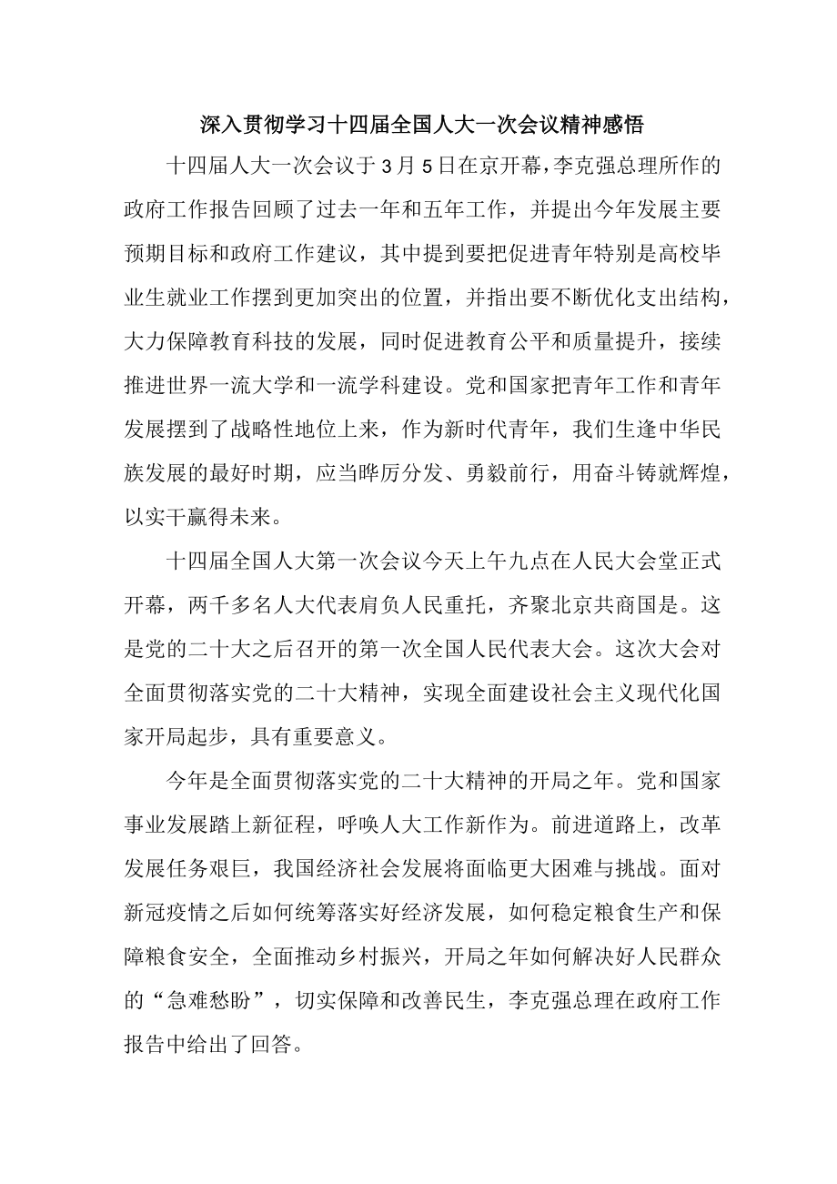 青年学生干部深入贯彻学习十四届全国人大一次会议精神心得感悟 合计5份.docx_第1页