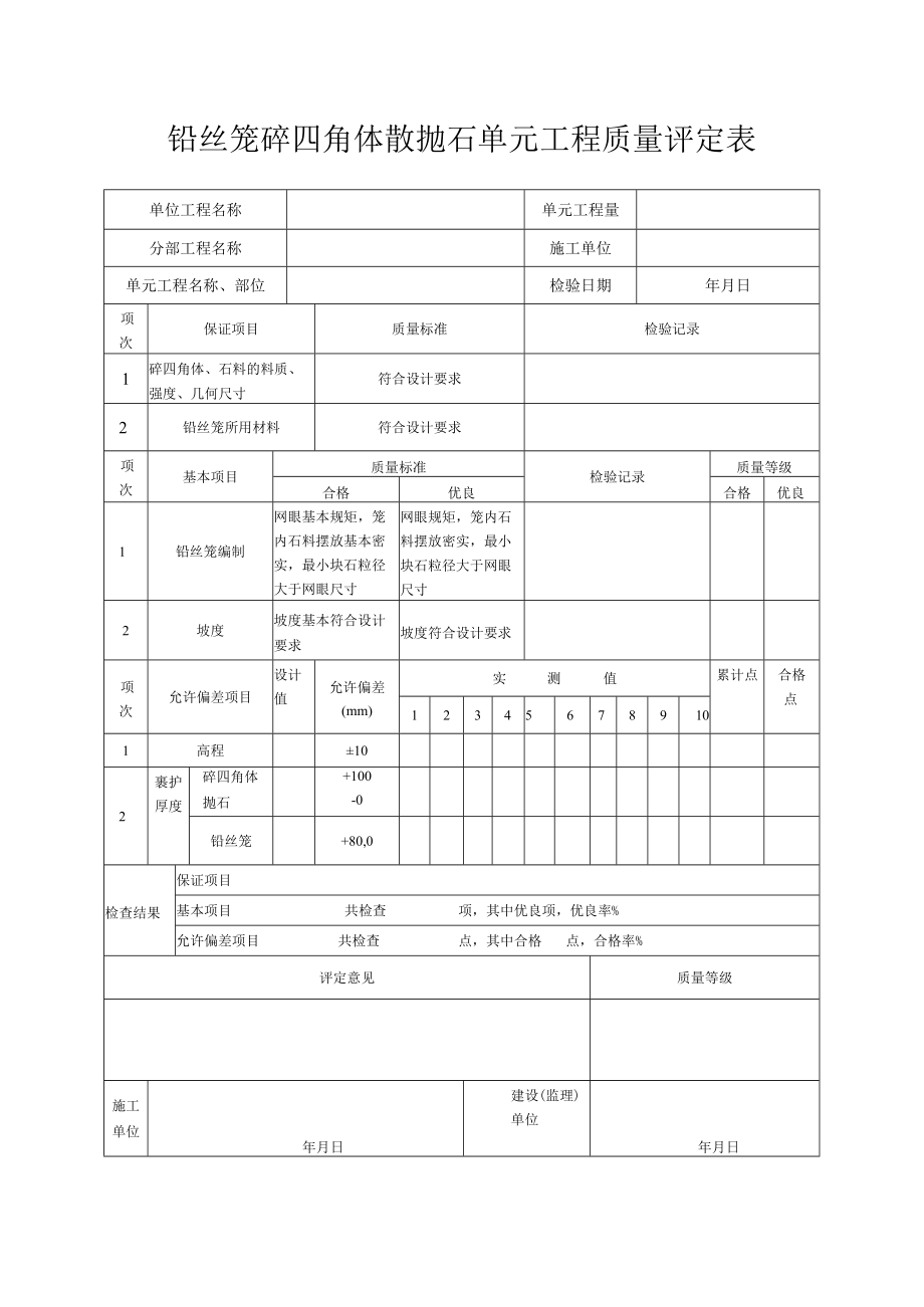 铅丝笼砼四角体散抛石单元工程质量评定表.docx_第1页