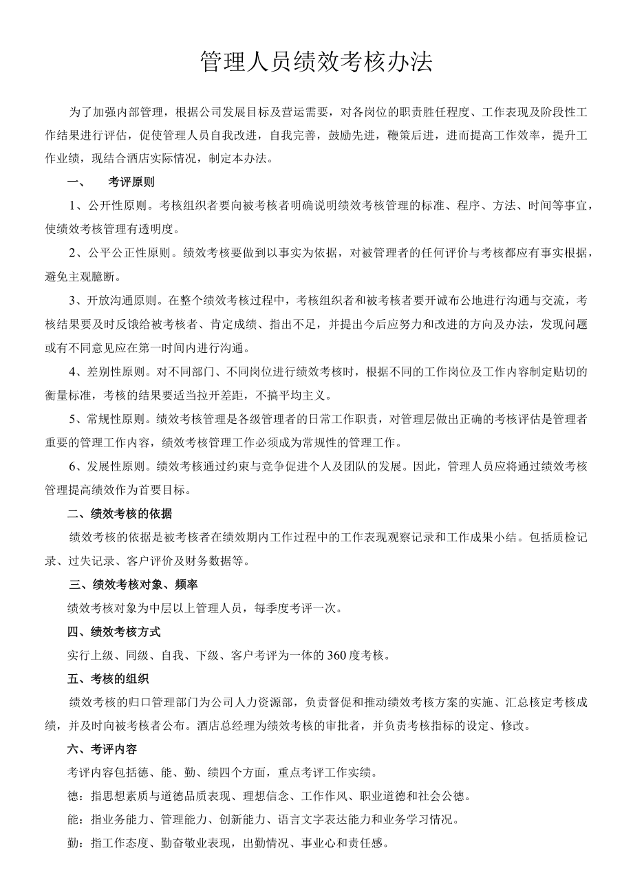 酒店管理人员绩效考核办法.docx_第1页