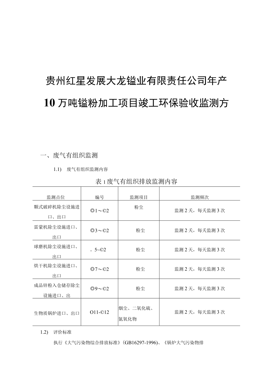 贵州红星发展大龙锰业有限责任公司年产10万吨锰粉加工项目竣工环保验收监测方案.docx_第1页