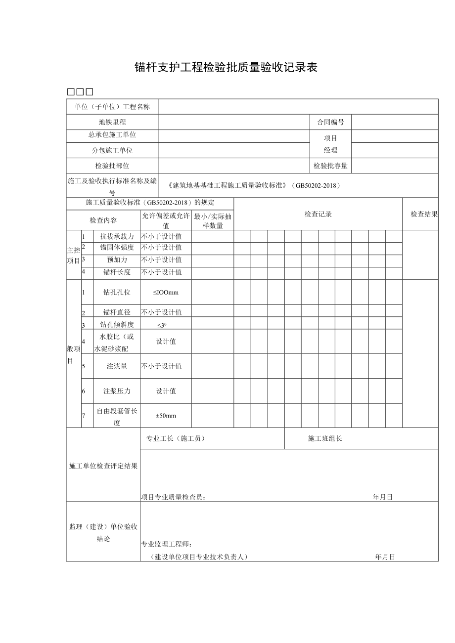 锚杆支护工程检验批质量验收记录表.docx_第1页