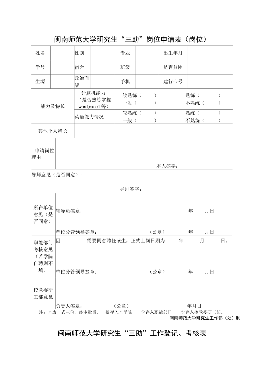 闽南师范大学研究生三助岗位申请表岗位.docx_第1页